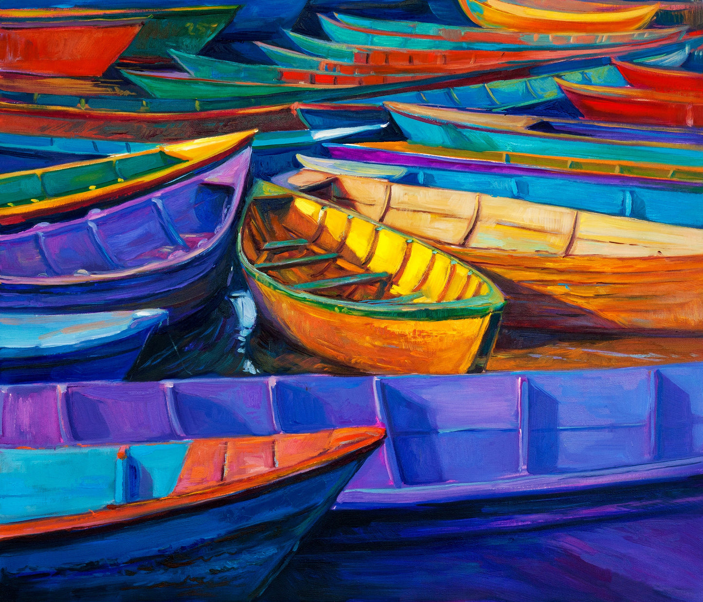 Artwork depicting multiple boats rafted together, floating peacefully on calm waters.
