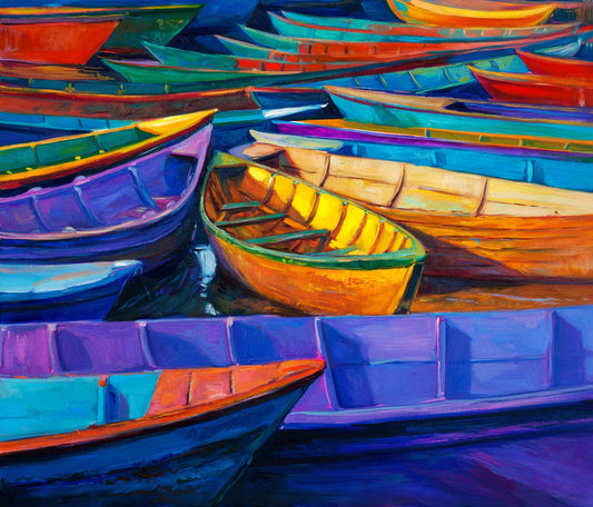 Artwork depicting multiple boats rafted together, floating peacefully on calm waters.