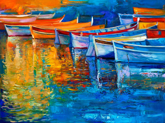Painting of rowboats moving in unison across calm waters.